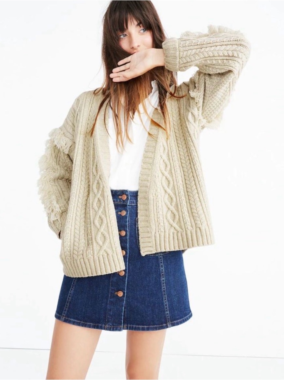 Madewell Cable Knit Fringe Open Front Cardigan Sweater Boho